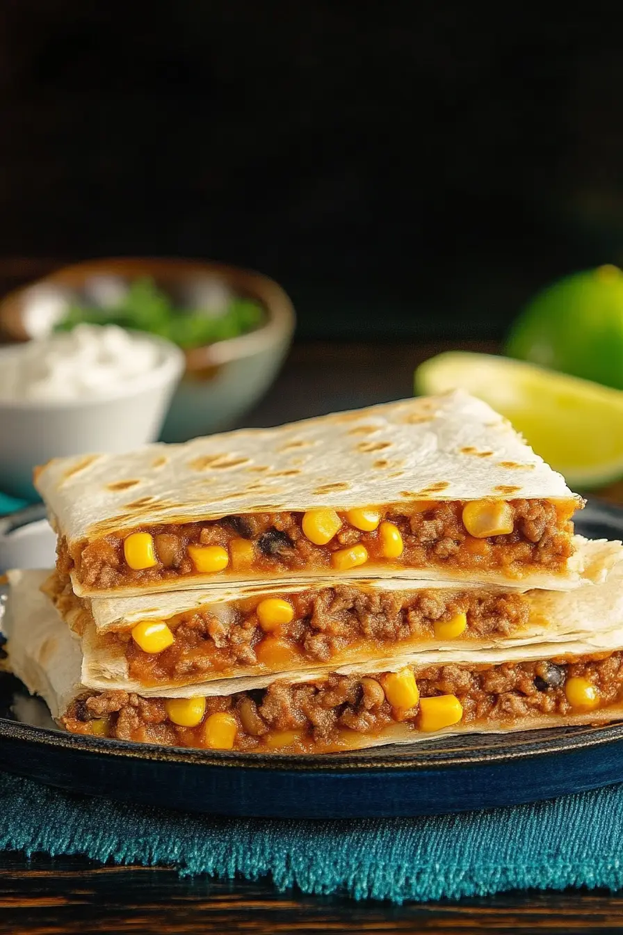 Baked Beef, Bean and Corn Quesadillas