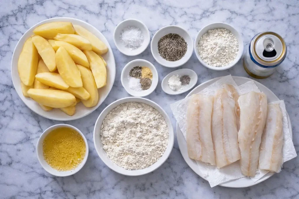 air fryer fish and chips ingredients from the top view 