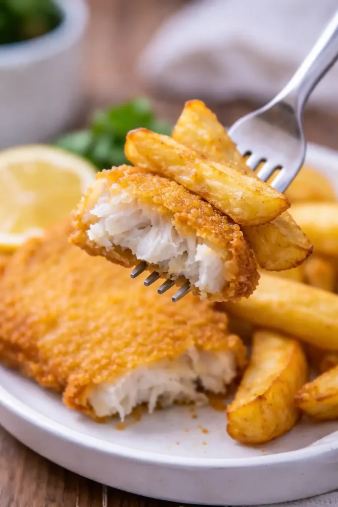 air fryer fish and chips second view , some fish on the fork 