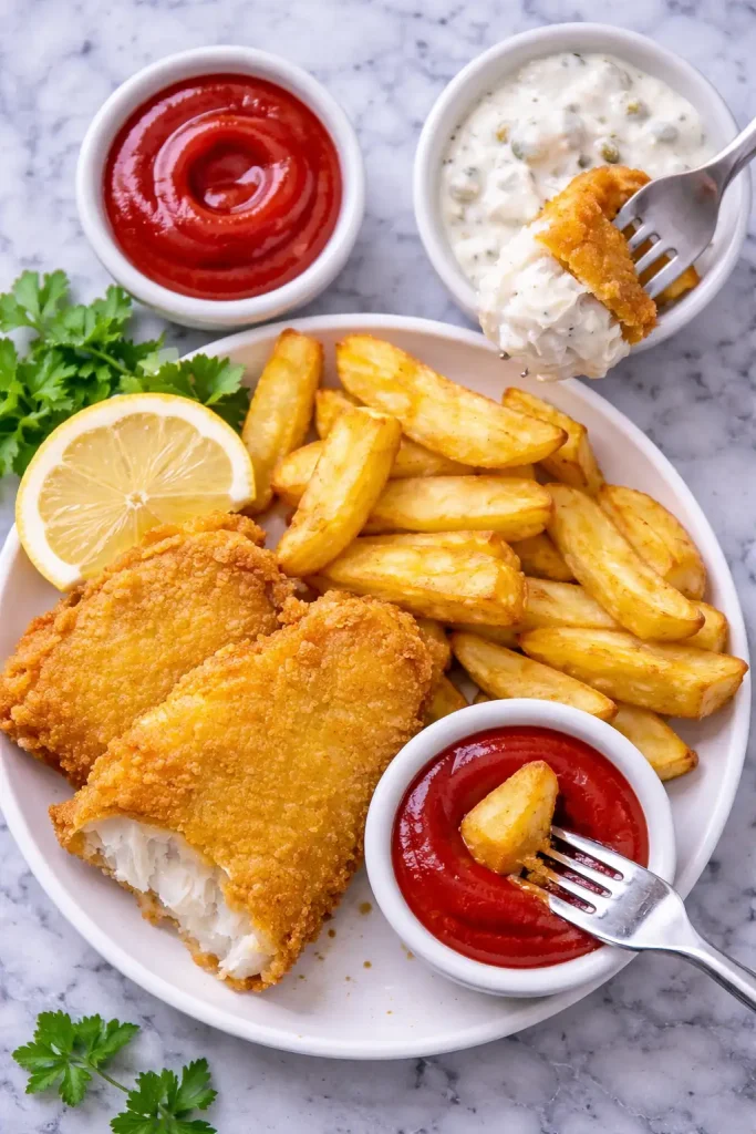 air fryer fish and chips with some creative dipping options
