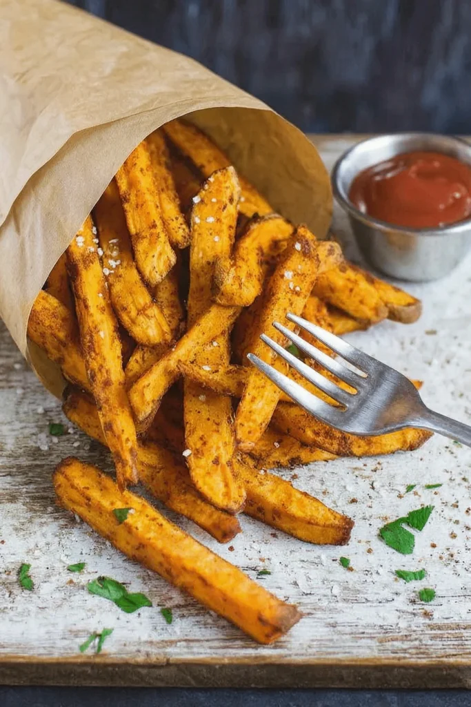Crispy Sweet Potato Fries  with a fork 
