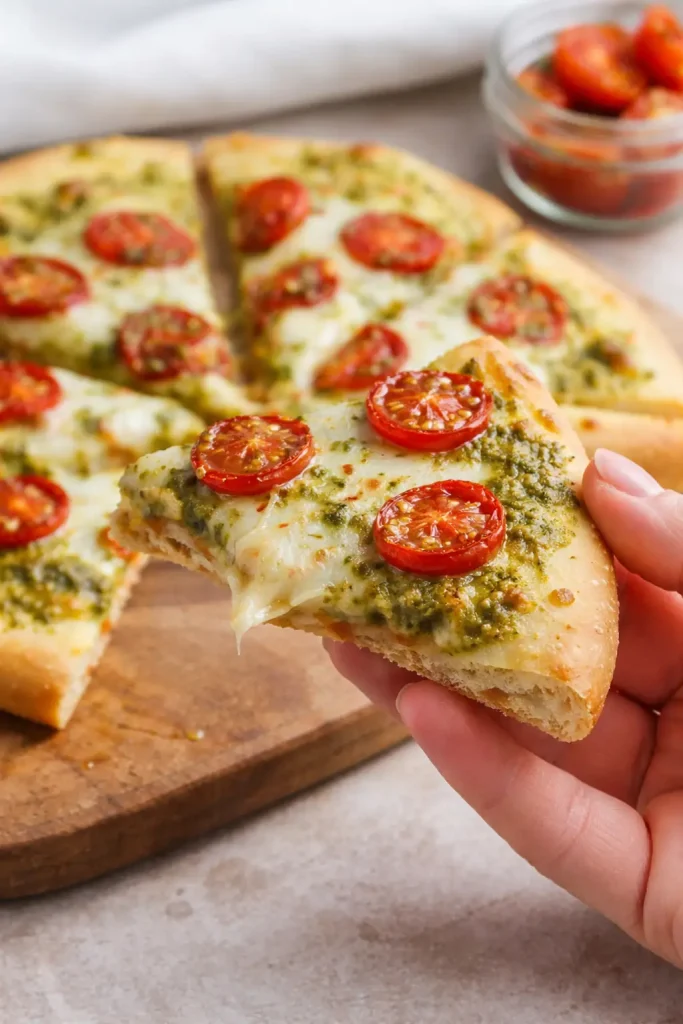 Gluten-Free Pesto Pizza ( slice taked )