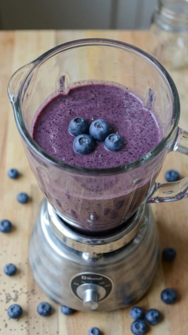 Purple blueberry chia smoothie in glass blender with fresh blueberries on top and scattered around wooden surface

