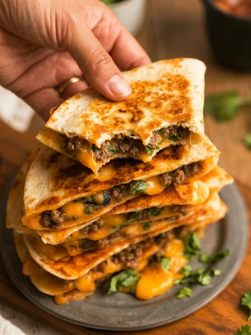 Hand holding crispy beef quesadilla wedge from a stack of four with cheese and greens