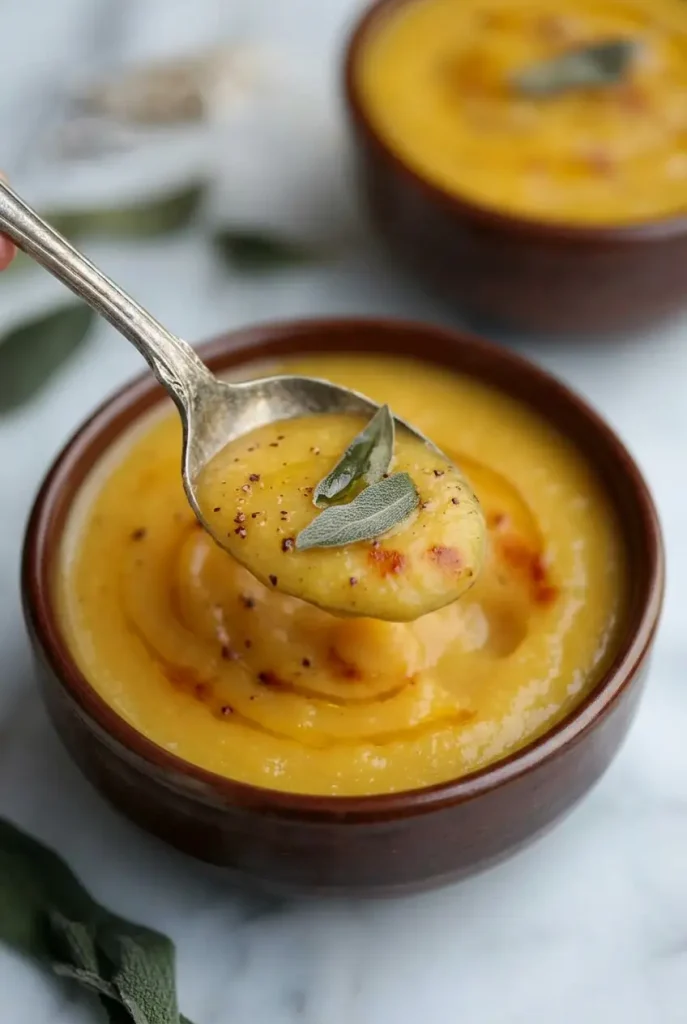 creamy roasted acorn squash soup served in a bowl with herbs on top, warm autumn comfort food