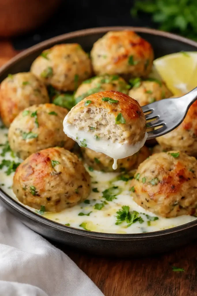 take Greek Chicken Meatballs with fork 