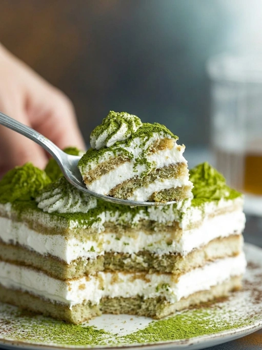 some of Vegan Matcha Tiramisu with spoon