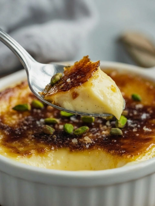 Vegan Pistachio Crème Brûlée  with a full spoon