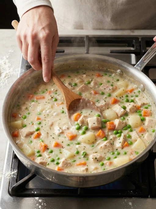 Homemade chicken pot pie filling cooking in a pan with vegetables