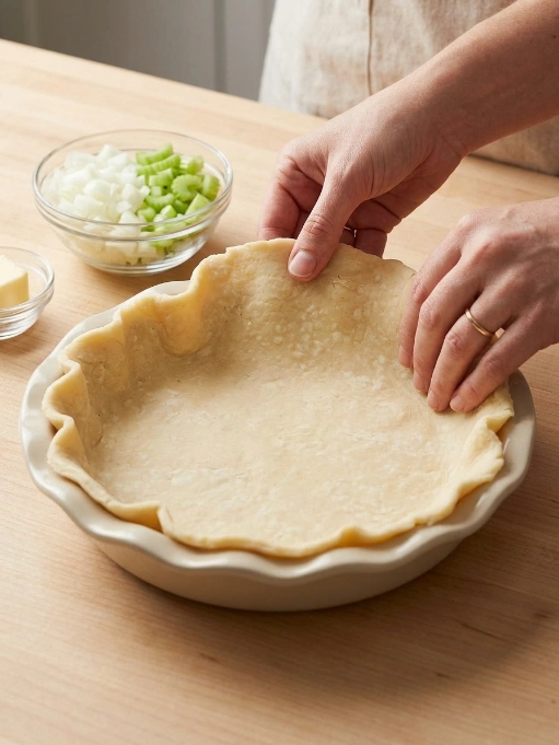 Lining a pie dish with dough for homemade chicken pot pie