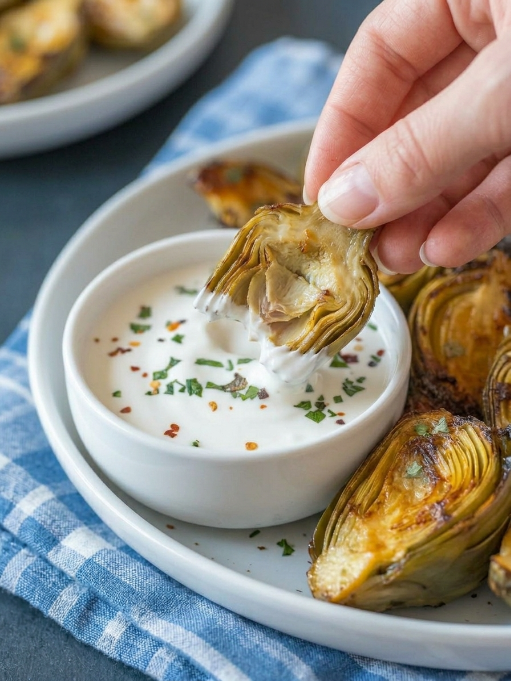 Hand dipping roasted air fryer artichoke hearts into creamy herb dipping sauce in white bowl, served on white plate with blue checkered napkin
