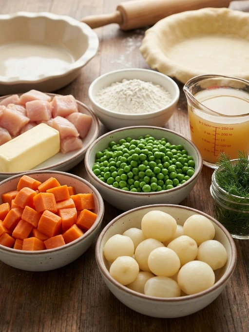 Ingredients for homemade chicken pot pie including diced chicken, carrots, peas, pearl onions, flour, broth, and pie crust on a wooden table.