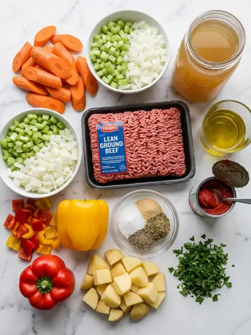 An overhead view of fresh ingredients laid out on a white marble surface, including a package of lean ground beef, sliced carrots, diced celery and onions, cubed potatoes, whole and chopped bell peppers, a jar of broth, tomato paste, oil, spices, and fresh parsley.
