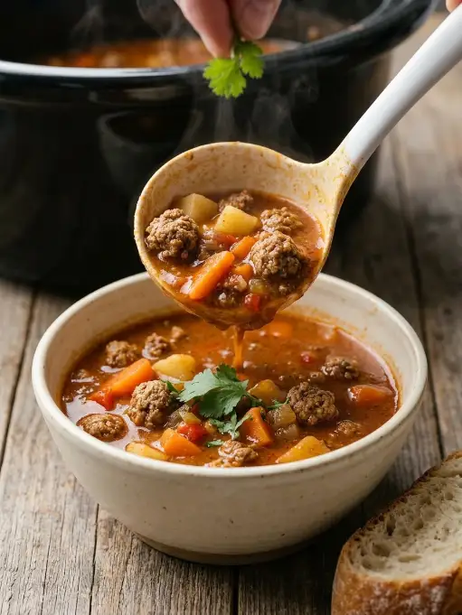 A ladle pouring hearty ground beef vegetable soup into a white bowl, filled with beef, carrots, potatoes, and garnished with fresh parsley, with a slow cooker in the background.
