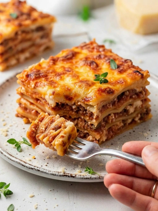 A square slice of homemade lasagna on a speckled white plate, showing layers of pasta, meat sauce, and cheese topped with golden melted mozzarella and fresh thyme. A fork lifts a bite-sized piece, with a second lasagna portion and block of parmesan cheese visible in the background.

