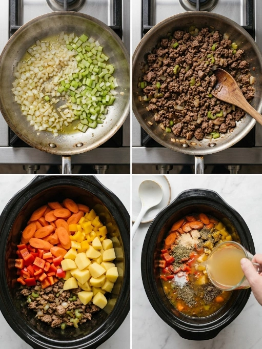 Four-step collage: sautéing vegetables, browning ground beef, adding vegetables to slow cooker, and pouring in broth.