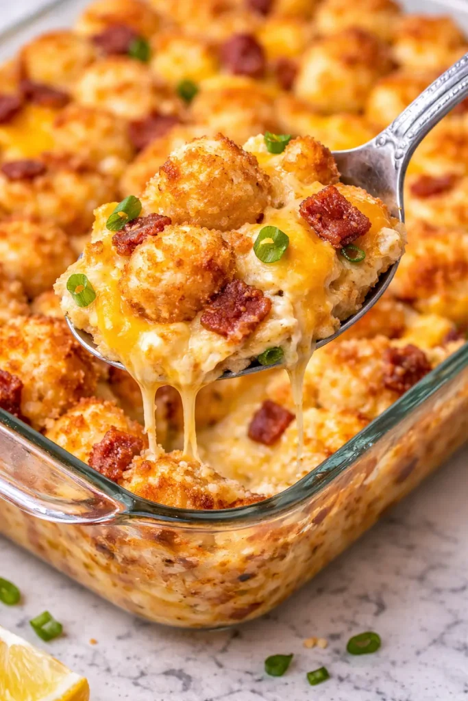 Breakfast Tater Tot Casserole with spoon
