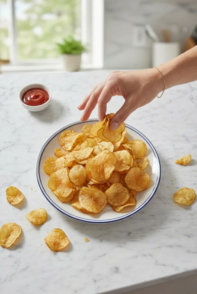 Golden brown air fryer potato chips with sea salt.