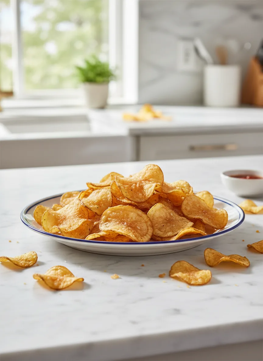 Crispy homemade air fryer potato chips in a bowl