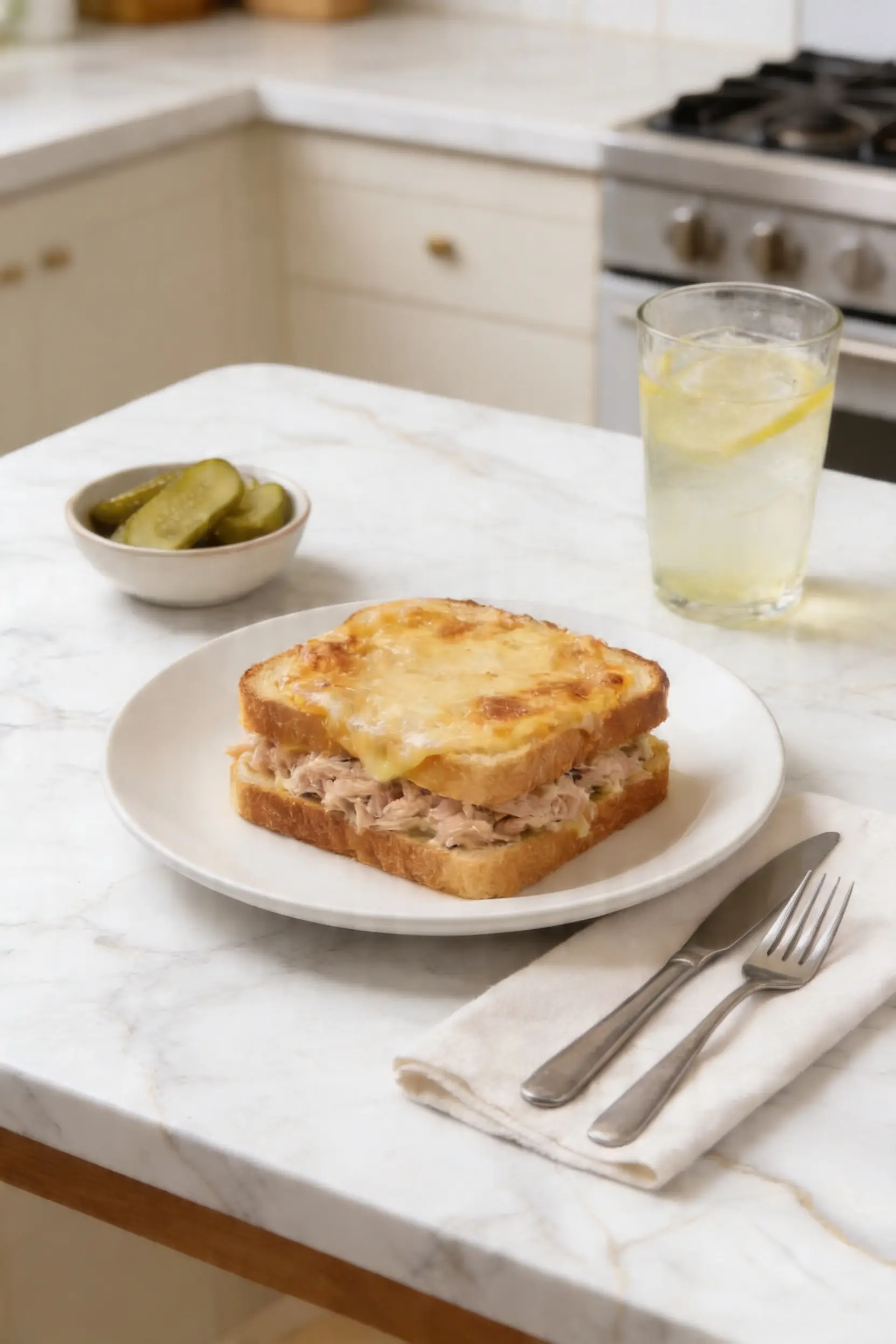 Classic tuna melt toast topped with melted cheese and crispy golden bread