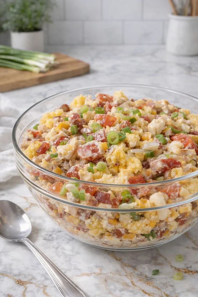Cornbread Salad Recipe in the glass bowl