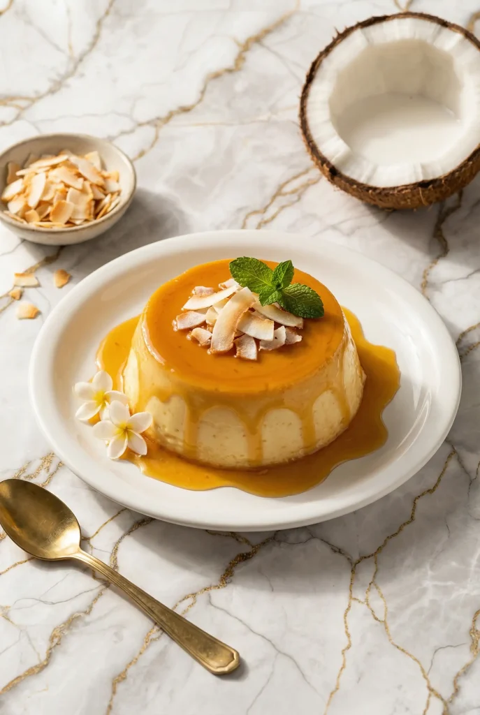 A smooth coconut flan topped with a rich golden caramel sauce on a white plate