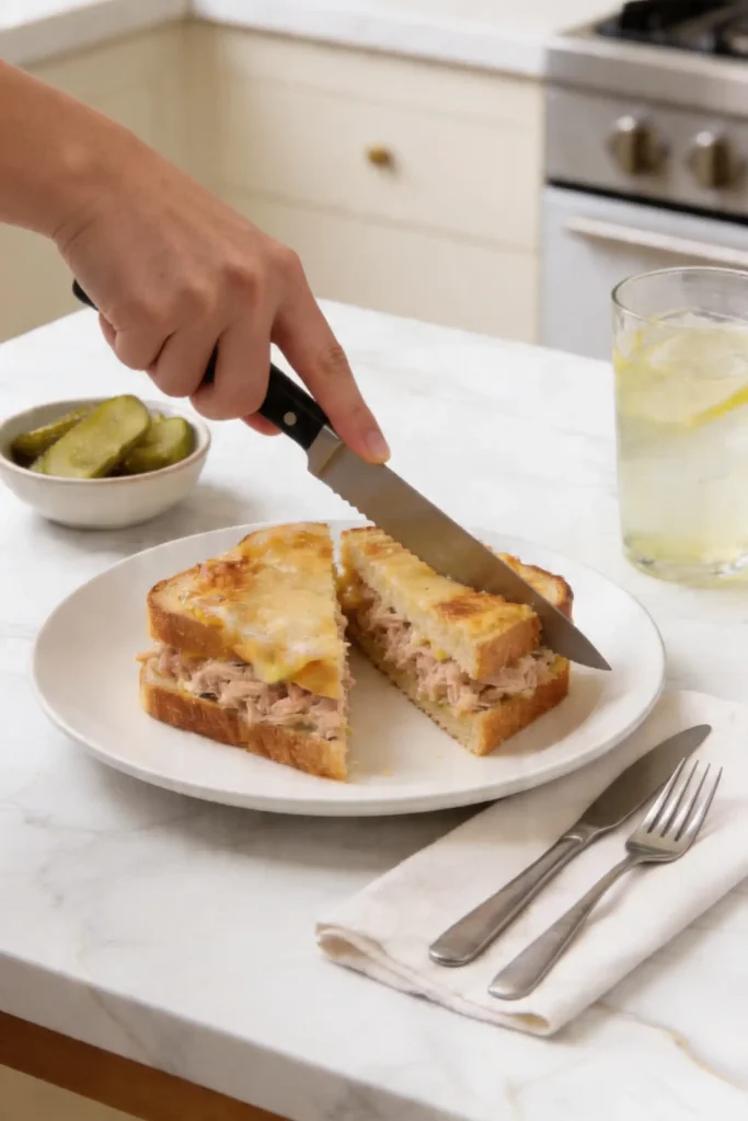 Crispy tuna melt toast served hot with gooey cheese and tuna mixture