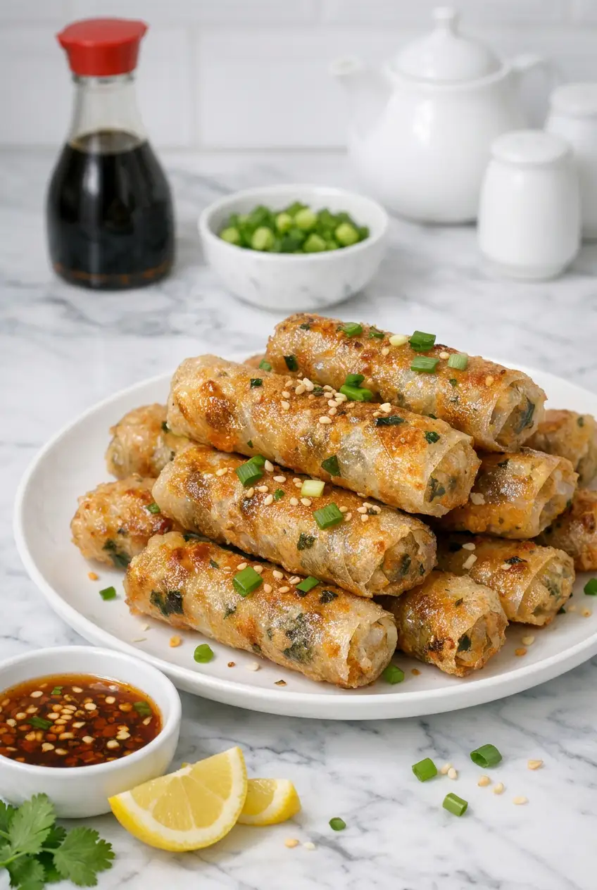 Crispy Vietnamese fried spring rolls being served on a plate, golden brown and crunchy, with fresh herbs and dipping sauce on the side