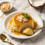 A slice of coconut flan showing its silky texture, garnished with shredded coconut