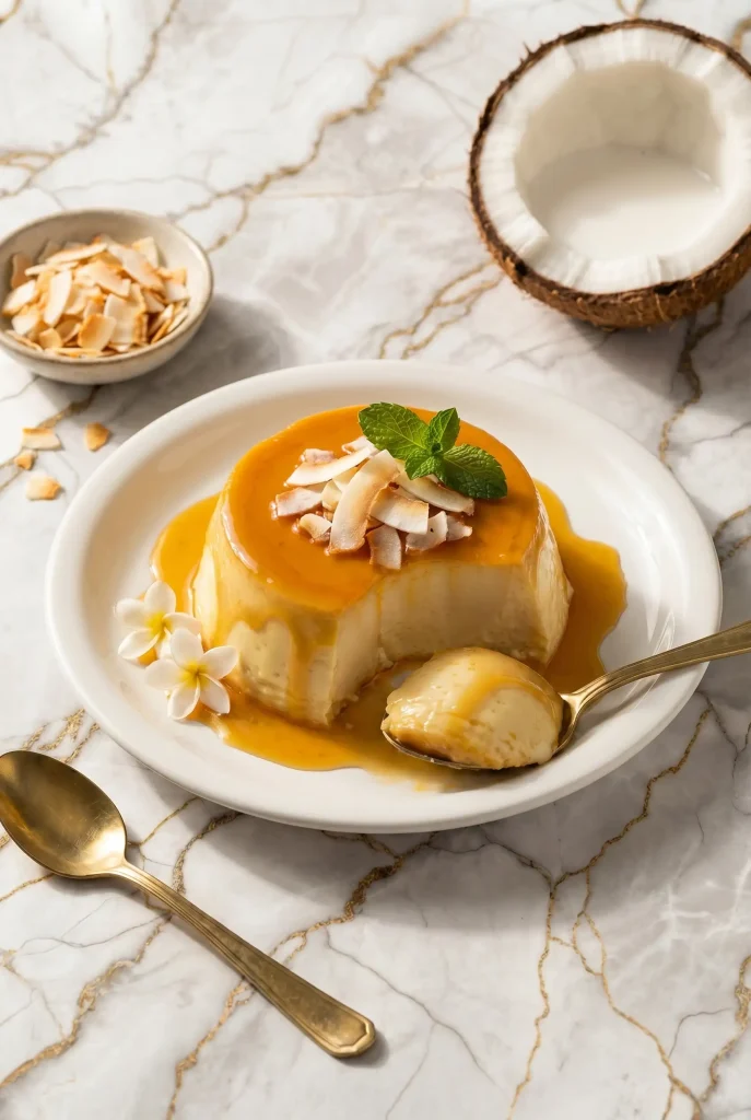 A slice of coconut flan showing its silky texture, garnished with shredded coconut