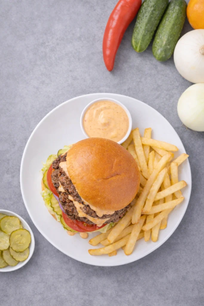 Homemade Smash Burgers with Special Sauce  ( top view )