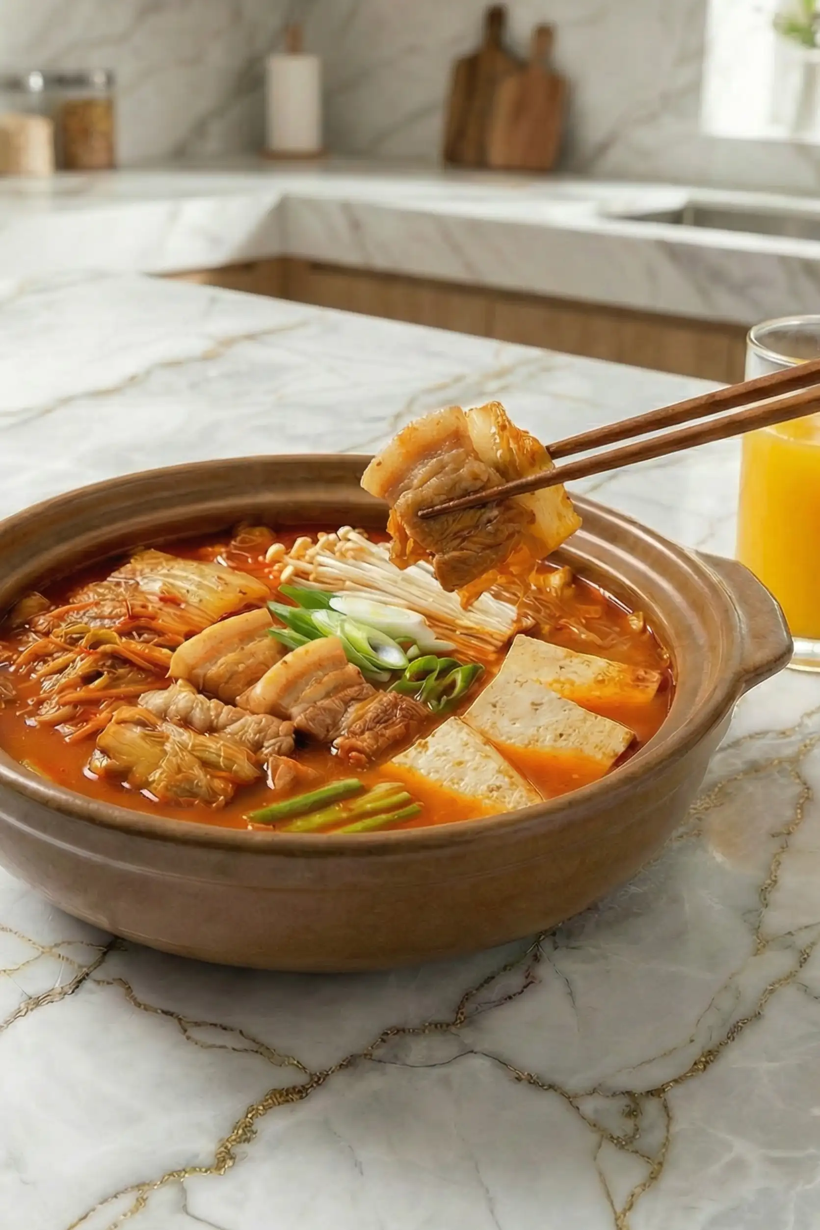 Kimchi Jjigae Recipe with chopsticks