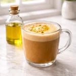 Olive Oil Coffee next to oil bottle