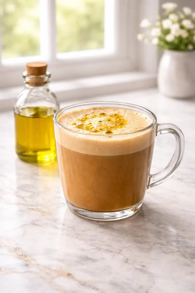 Olive Oil Coffee next to oil bottle