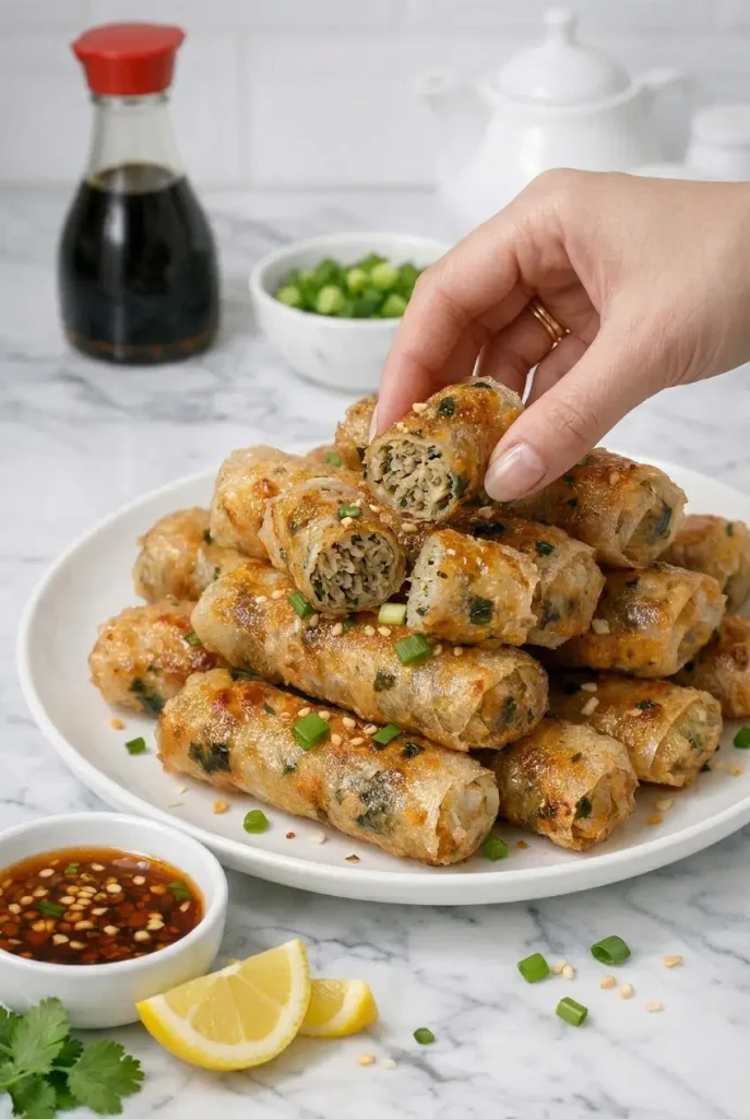 Golden-brown Vietnamese fried spring rolls arranged on a plate, freshly cooked with a crisp, crunchy exterior