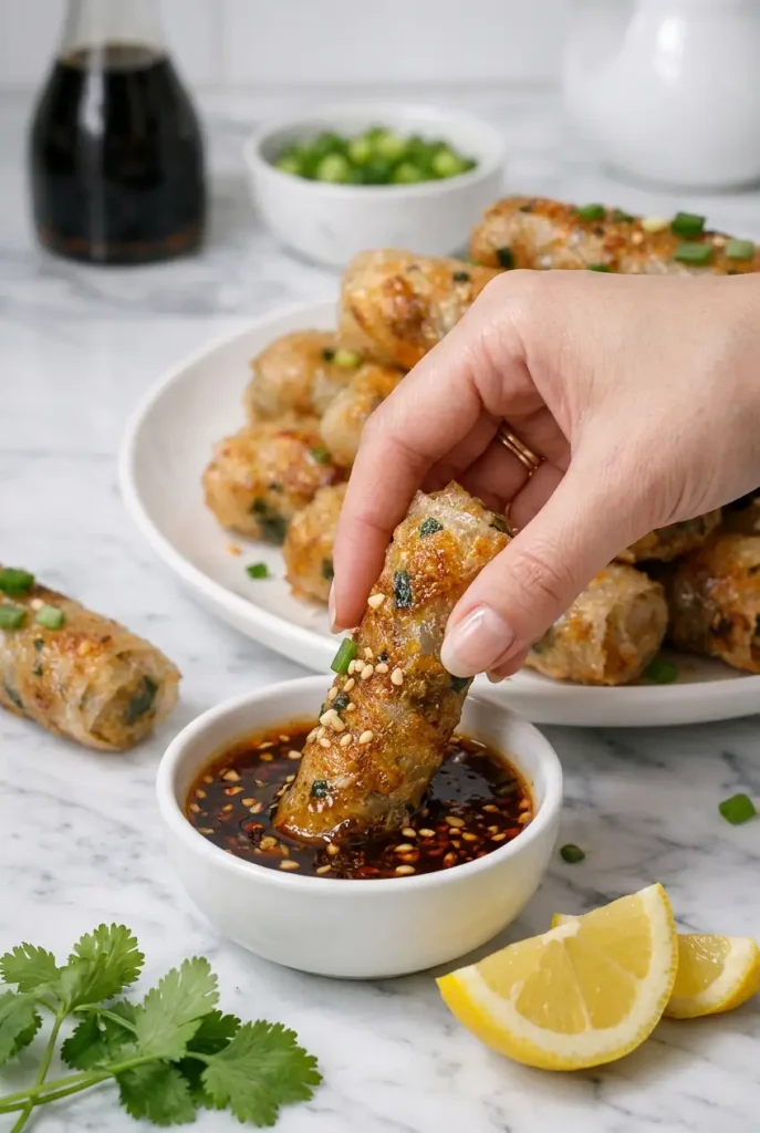 Hands carefully wrapping rice paper around the filling to form tight, cylindrical Vietnamese spring rolls on a clean work surface