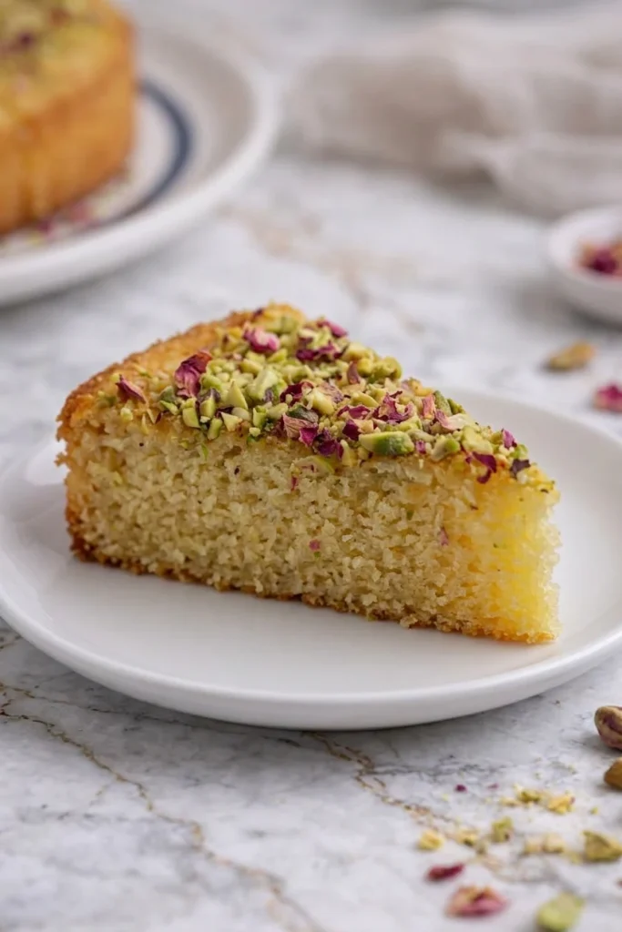 Pistachio Rose Semolina Cake slice