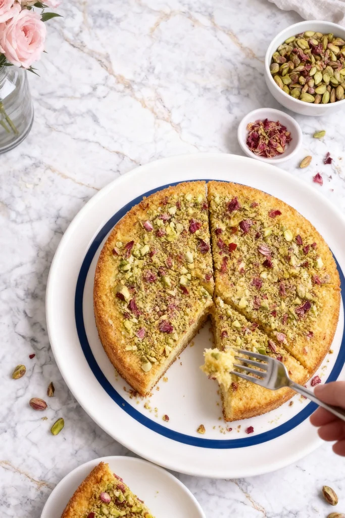 Pistachio Rose Semolina Cake top view