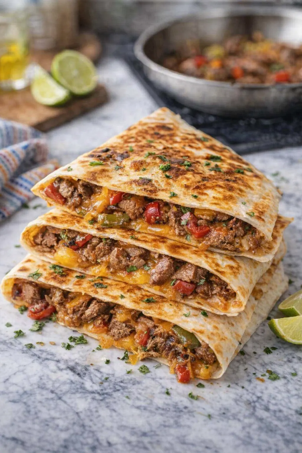 showing Steak Fajita Quesadillas from the top view